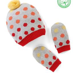 Babyhug Pom Pom Organic Cotton Cap & Mittens Set Polka Dot Print Grey - Circumference 26 cm-picture-16