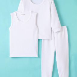 Kanvin Thermal Cotton Solid Colour Full Sleeves Vests with Pajama Pack of 3 - White-image-15
