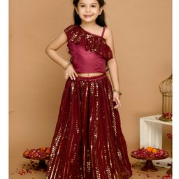 Saka Designs by Sapna Embroidered Lehenga with Single Shoulder FrillSleeves Choli - Wine & Gold-picture-23