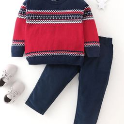 ToffyHouse Full Sleeves Winter Wear Suit With Ikat Print - Red & Navy Blue-image-47