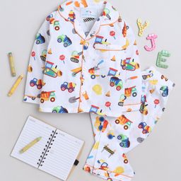 Knitting Doodles Premium Cotton Full Sleeves Construction Vehicles Printed  Coordinating Night Suit - White-image-47