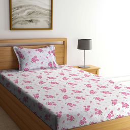 FABINALIV 300 TC Cotton Blend Single Bedsheet with Pillow Cover Floral - White-image-73
