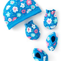 Babyhug 100% Cotton Knit Cap Mittens & Booties With Floral Print Blue - Diameter 18 cm-image-6