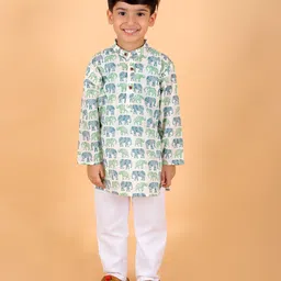 MoMaa Pure Cotton Full Sleeves All Over Elephant Printed Kurta & Pyjama Set - Green-picture-25