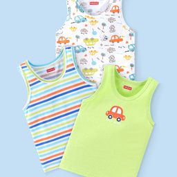 Babyhug 100% Cotton Knit Sleeveless Sando With Striped & Cars Print Pack of 3 - Green & White-image-97