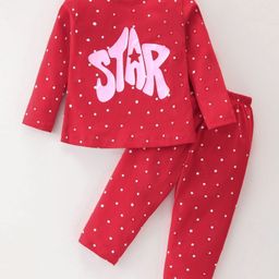 Smarty Girls Cotton Knit Full Sleeves Night Suit With Polka Dot Print - Red-image-46
