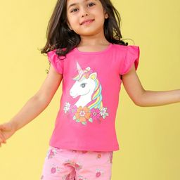 Babyhug Cotton Flutter Sleeves Night Suit With Unicorn And Floral  Print - Pink-image-90