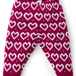 Babyhug Fleece Knit Full Length Woollen Pants With Hearts Design - Wine-image-14