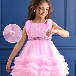 Mark & Mia Sleeveless Knee Length Ruffles and Frills Party Frock with Sequined & Pearl Detailing - Pink-image-34