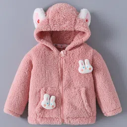 Kookie Kids Full Sleeves Hooded Fur Winter Jacket with Ears & Bunny Applique - Pink-picture-19