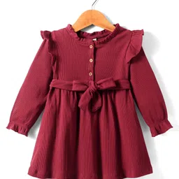 Kookie Kids Full Sleeves Solid Colour Frock with Frill & Belt Detailing - Maroon-picture-44