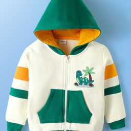 Babyoye 100% Cotton Knit Full Sleeves Hooded Sweat Jacket With Dino Print & Kangaroo Pockets - White & Green-image-39