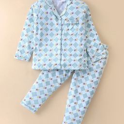 Cucumber Sinker Knit Full Sleeves Night Suit With Checks & Stars Print - Light Blue-image-52