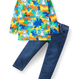 Babyhug Cotton Knit Full Sleeves Dino & Croc Printed T-Shirt With Denim Jeans - Blue-image-67
