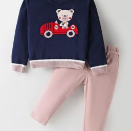 ToffyHouse Knit Full Sleeves Winter Wear Set With Teddy Bear Print - Navy Blue-image-96
