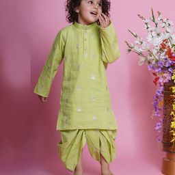 Little Bansi Full Sleeves Floral Foil Printed Kurta With Dhoti Set - Green-image-26