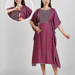 Dummy Shape Three Fourth Sleeves Abstract Embroidered Stretchable Maternity Kaftan Kurta With Concealed Zipper Nursing Access - Purple-picture-43