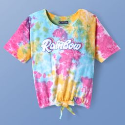 Pine Kids Cotton Knit Half Sleeves Drop Shoulder Top with Rainbow Print - Pink Blue & Yellow-image-7