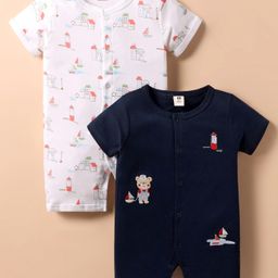 ToffyHouse Cotton Knit Half Sleeves Nautical Theme Printed Rompers Pack Of 2 - Navy Blue & White-picture-25