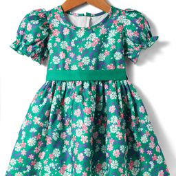 Mark & Mia Woven Half Puffed Sleeves Frock with Floral Print & Fabric Belt - Green-image-59