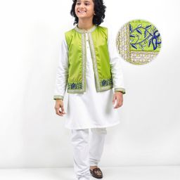 Pine Kids Woven Full Sleeves Solid Color Kurta Pyjama Set with Floral Embroidered Jacket - White & Green-image-44