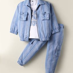Rikidoos Full Sleeves Striped Jacket With Typography Printed Tee & Coordinating Joggers - White & Sky Blue-image-45