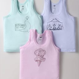 Zero Sinker Knit Sleeveless Set Of Vests with Playful Print Pack of 3 - Pink Green & Blue-17