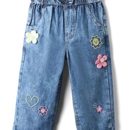 Babyhug Denim Full Length Washed Jeans with Stretch Bow & Floral Applique - Blue-image-41