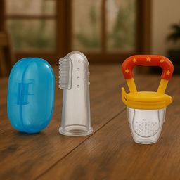 Badal Kidz Fruit Feeder Nibbler With Baby Silicone Finger Brush/Oral Brush/Baby Tounge Cleaner - Yellow & Blue (Pack Of 2)-13