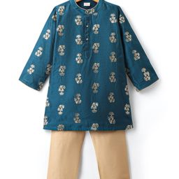 Pine Kids Cotton Woven Mandarin Collar Full Sleeves Kurta Pyjama Set - Teal Blue-image-8