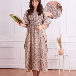 Bella Mama Cotton Woven Half Sleeves Maternity Nursing Kaftan With Floral Print - Multicolour-picture-32