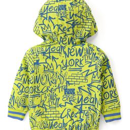 Babyhug Cotton Knit Full Sleeves Front Open Hooded Sweat Jacket with Zipper & Text Print - Yellow image 2