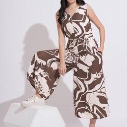 Murcia Brown & Creme Floral Printed Anti Fit Jumpsuit With Waist Tie-up-image-37