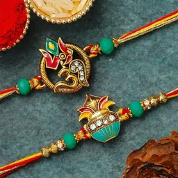 eCraftIndia Set Of 2 Stones Studded Kalash Om Design Thread Rakhi-image-30