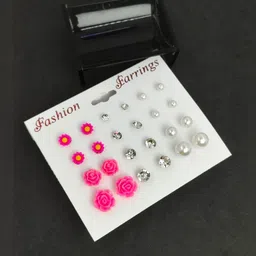 Shivarth Women Multi Colored 12 Pairs Crystal Pearl Rose Stud Earring-picture-30