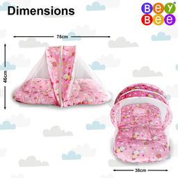 bey bee BeyBee Superminis Multicolor Cartoon Prints Pink Base Design Bedding Set Thick Base Foldable Mattress Rectangular Shape Pillow and Zip Closure Mosquito Net - Pink image 5