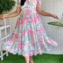 JKP Collection Floral Print Puff Sleeve Georgette Fit & Flare Midi Dress-image-51