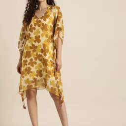 Qurvii Mustard Yellow Floral Georgette Kaftan Dress-image-42