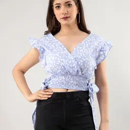 PRETTY LOVING THING Blue Floral Print Crepe Wrap Top-34