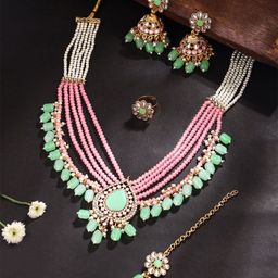 Yellow Chimes Gold-Plated Stone-Studded & Beaded Multilayered Necklace Set-image-91
