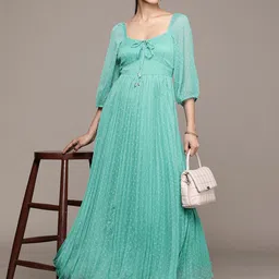 Label Ritu Kumar Accordion Pleated Tie-Up Neck Puff Sleeves Chiffon A-Line Maxi Dress-image-27