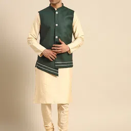 KISAH Men Cream-Coloured Solid Kurta with Churidar & Nehru Jacket-1
