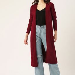 DressBerry Women Maroon Solid Front-Open Longline Sweater-2