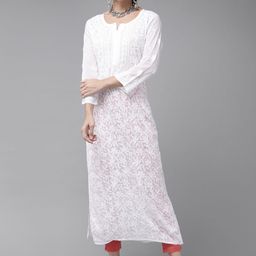 ADA Women White Ethnic Motifs Embroidered Chikankari Georgette Kurta-picture-25