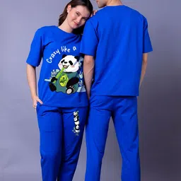 Lazy Lush Pack Of 2 Crazy Panda Printed Round Neck T-Shirt With Joggers Couple Co-Ords-49