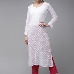ADA Women White Ethnic Motifs Embroidered Chikankari Georgette Kurta-image-14