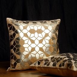 HOSTA HOMES Cream-Coloured & Gold-Toned Set of 2 Checked Square Cushion Covers-55