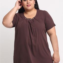 plusS Women Plus Size Brown Solid Round Neck Regular Top-picture-2