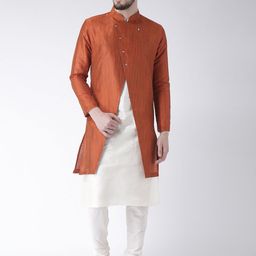 DEYAAN Orange & White Woven Design Sherwani With Achkan-picture-26