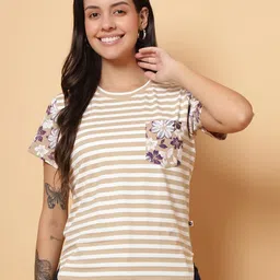 God's Club Women Cotton Pocket Detailing Regular Fit Stripped T-Shirt-picture-36